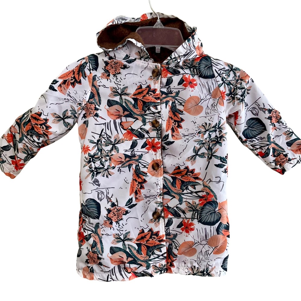 Floral Sherpa Lined Hooded Jacket Kids White‎ Orange Botanical Print Coat